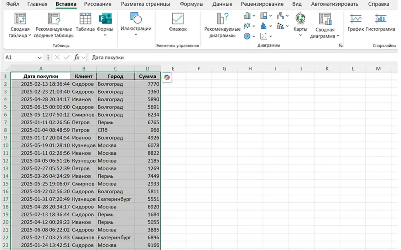 Выделение диапазона данных для создания сводной таблицы