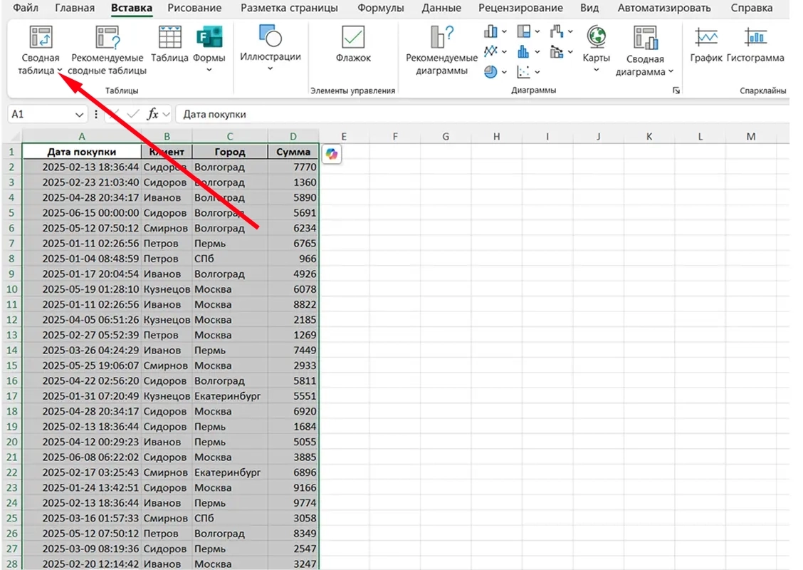 Меню Вставка — Сводная таблица в Excel