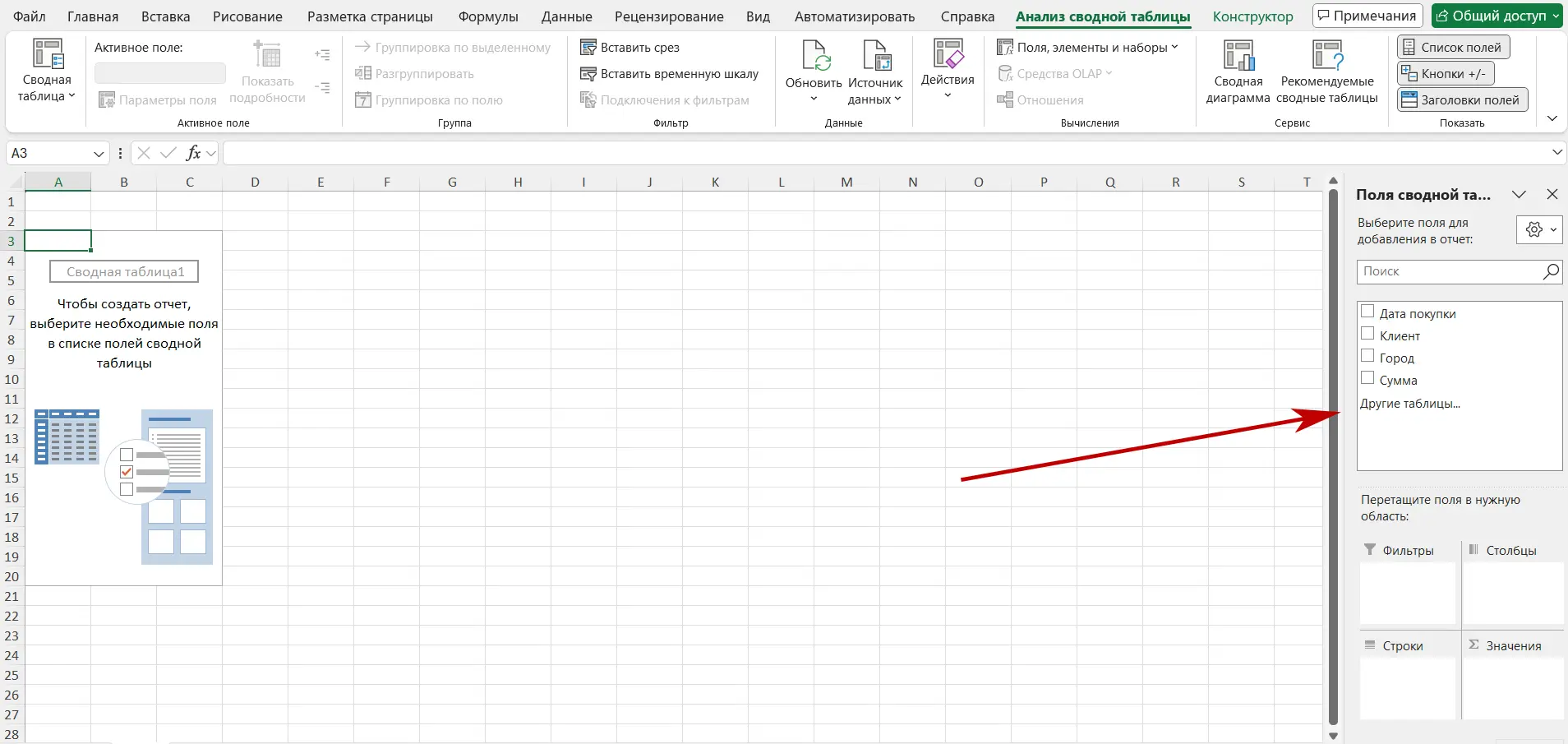 Панель полей сводной таблицы в Excel